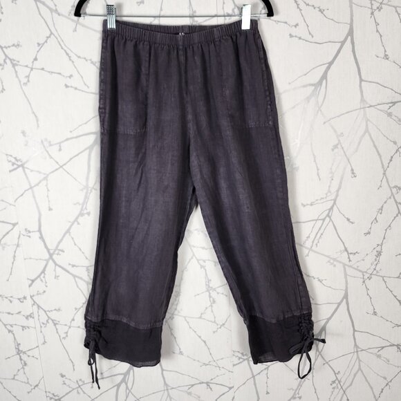 Fenini Purple 100% Linen Elastic Waist Mesh Hem Tie Crop Pants - Picture 1 of 7